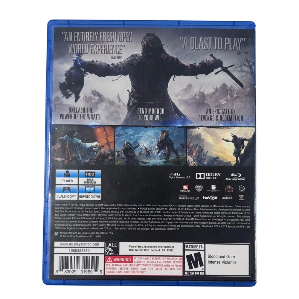 Middle-earth Shadow of Mordor Sony PlayStation 4 PS4 Action RPG WB Games